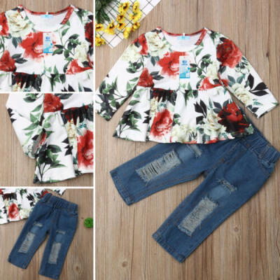 

US Stock Kids Baby Girl Clothes Tops Dress Ripped Jeans Denim Pants 2Pcs Outfits