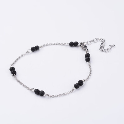 

304 Stainless Steel Chain Anklets with Natural Lava Beads 9-14"235mm