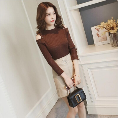 

Hot Sale Autumn Women knitting Tops Off Shoulder Slim Female Strong Elastic Pullovers Short Jumper Long Sleeve Winter Sweaters