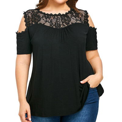 

Roseonmyhand Fashion Womens Plus Size Cold Shoulder Strapless Lace Short Sleeve T-shirt Tops