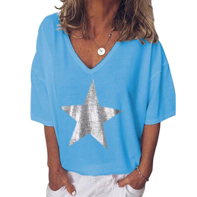 

Plus Size Tops Women T Shirt Women Sequins V-Neck Five-Pointed Star Print Tee Female Short Sleeve Street Tee Shirt