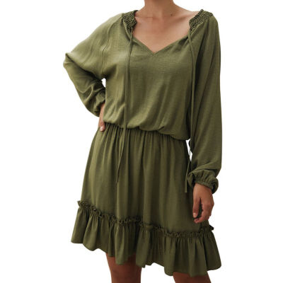 

Women Autumn Sweet Fashion Concise All-match Solid Color Long Sleeve V-neck Dress