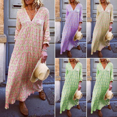 

Womens V Neck Boho Floral Long Sleeve Summer Beach Evening Beach Maxi Dress