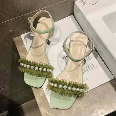 

Sandals Korean version of one word buckle open-toed high heels thick heel personality pearl lace womens shoes