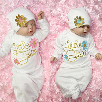 

Take Home Outfit Flower Little Sister Baby Girl Gown Hat Infant Newborn Gift Set