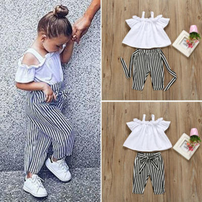 

UK Toddler Kids Baby Girl Off Shoulder Tops T-Shirt Stripe Pants Outfits Sunsuit