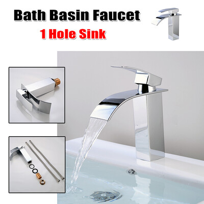 

Single Handle Waterfall Spout Chrome Bath Basin Sink Faucet Mixer Tap Bright Silver