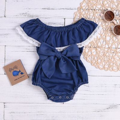 

Toddler Infant Baby Girl Sleeveless Ruffles Lace Denim Romper Bodysuit Clothes