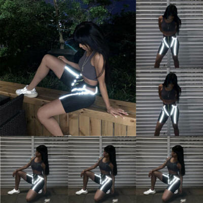 

Summer Women Fashion Reflective Pants Casual Sport Hollowout Stripe Tight Shorts
