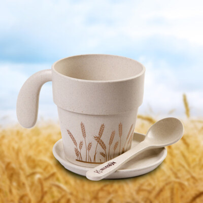 

350ml Plastic Ear of Wheat Coffee Tea Cup Mug with Spoon Tray Coaster Tableware