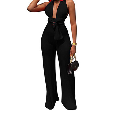 

Starmoon Women Summer Sexy Strap V Neck Solid Waistband Lace-up Long Pants Jumpsuits