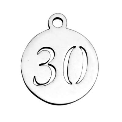 

304 Stainless Steel Charms Flat Round with Number 30 Stainless Steel Color 141x118x1mm Hole 1mm