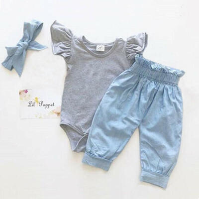 

AU Newborn Baby Girl Romper Bowknot Denim Pants Headband Summer Outfit Clothes