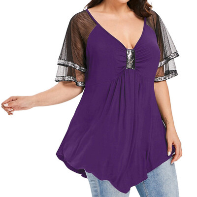 

Roseonmyhand Fashion Womens Plus Size Glittery Mesh V-Neck Sparkly Sequin T-shirt Tops Blouse