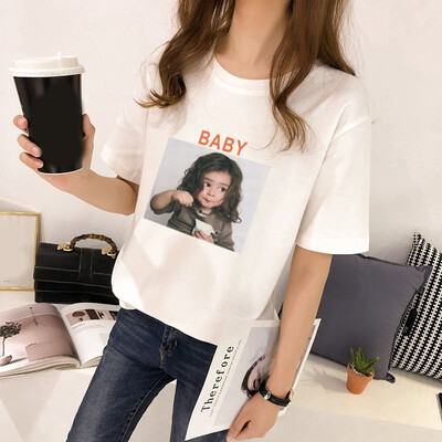 

Womens New Tshirt Round Neck Baby Character & Letters Print Short Sleeve Top Fashion Casual T-Shirt