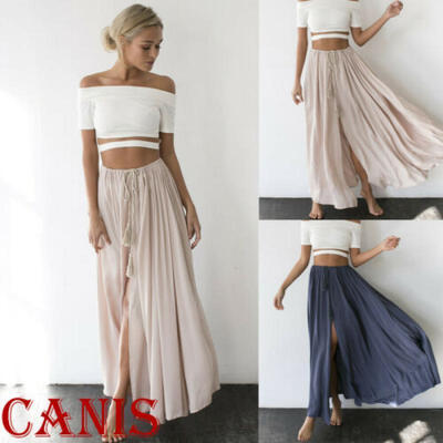 

AU Chiffon BOHO Womens Solid Jersey Gypsy Long Maxi Full Skirt Beach Sun Dress