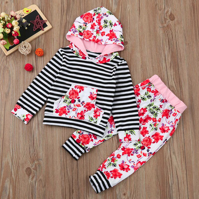 

Newborn Infant Baby Floral Stripe Hoodie TopsPants Outfits Clothes Set