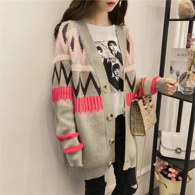 

Autumn 2018 Korean version of loose geometric color mohair in the long knit cardigan womens jacket