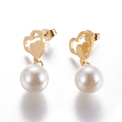 

304 Stainless Steel Dangle Stud Earrings with Plastic Imitation Pearl Heart Golden 275mm Pin 08mm