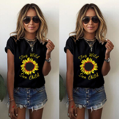 

Nomeni Women Short Sleeve Sun Child Sunflower Printed Casual T-Shirts T-shirt Tee Tops