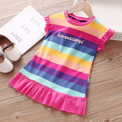 

Toddler Baby Kids Girls Ruched Rainbow Striped Letter Princess Dresses Clothes