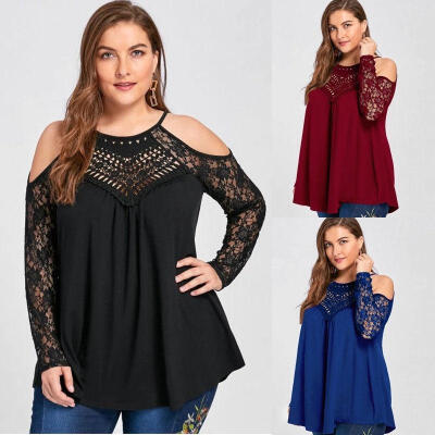 

2018 Ladies Plus -4XL Womens Lace Crochet Floral Long Lace Sleeve Loose Blouse Tops Shirt