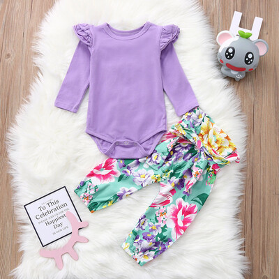

Newborn Baby Girls Long Sleeves Solid TopFloral Pants Outfit Kids Clothes Set