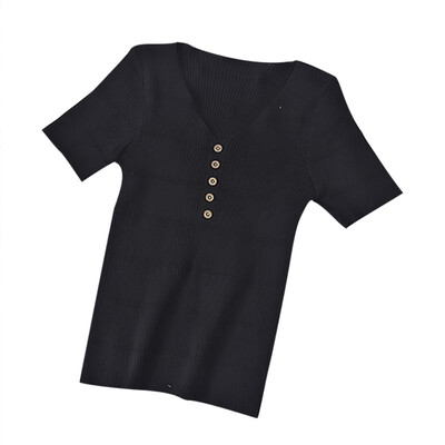 

Solid Short Sleeve Summer Tee Top Women V-collar Concise T-shirts femme Personality All-match streetwear