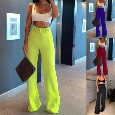 

Women Ladies Flared Belted High Waist Plain Wide Leg Palazzo Trousers Pants