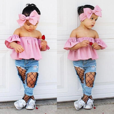 

3Pcs Fashion Baby Clothes Toddler Kids Girls Off Shoulder Tops Ripped Denim Pants Outfit Set Clothes