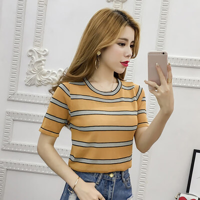 

Womens Casual O Neck Striped Short Sleeve Thin Perspective Knitted Pullover T-Shirt