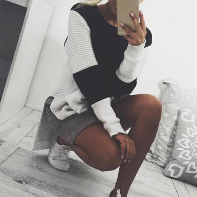 

Womens Casual Long Sleeve Hollow Knitted Sweater Round Neck Loose Pullover Tops