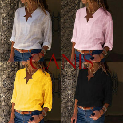 

Women V Neck Long Sleeve Blouse Chiffon Shirt Top Loose Casual T-Shirt Plus Size