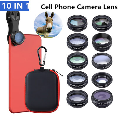 

10 IN 1 Phone Camera Lens Kit Fisheye Lens Wide Angle Lens Macro Lens Telephoto Lens Star Filter Flow Filter