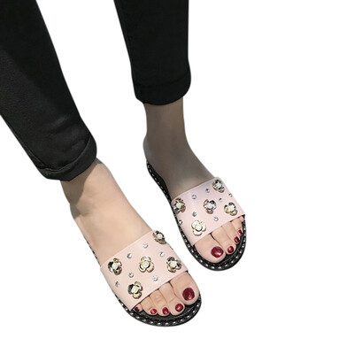 

Rose Womens Flat Sandals Sequins Rhinestones Flowers Increased Non-Slip Slippers