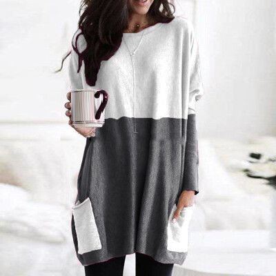 

Ladies Round Neck Long Sleeve Loose Jumper Tops Pockets Color Block Party Shirts