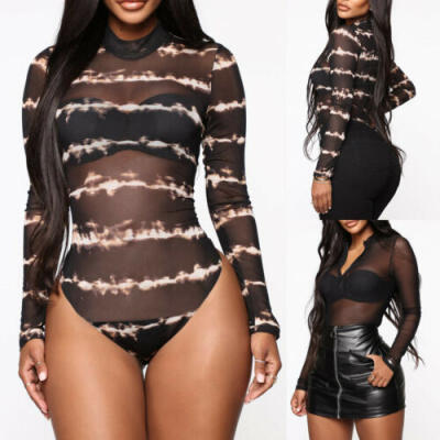 

Women Bodysuit Bodycon Jumpsuit Romper Leotard Tops Mesh T-shirt Playsuit US