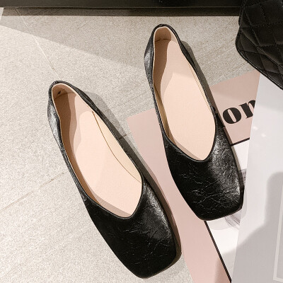 

Single shoe woman 2019 summer celebrity flat bottom shallow square head soft skin soft sole pedal grandmother bean shoes autumn