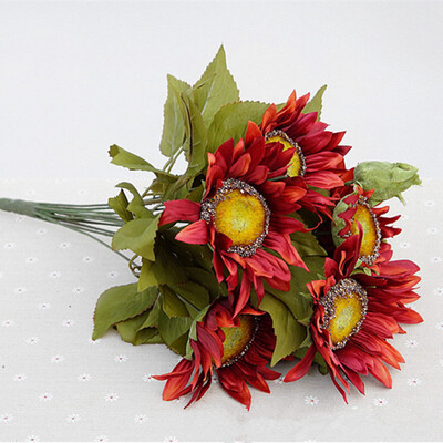 

1 Bouquet 13 Heads Retro European Style Oil Painting Feel Red Sunflower Artificial Flowers 50CM