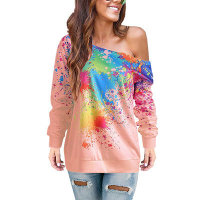 

Women Autumn Fashion Concise Casual All-match Printed Long Sleeve Loose Sloping Shoulder T-shirts