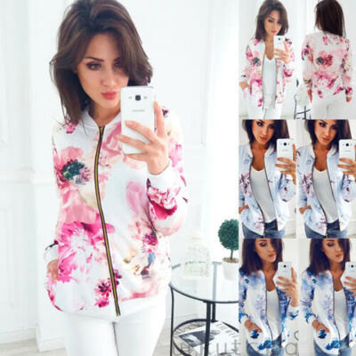 

Women Leather Jacket Coats Zip Up Floral Print Hoodie Casual Top Coat Outwear
