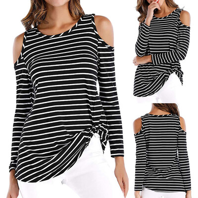 

Nomeni Womens Cold Shoulder Long Sleeve Twist Knot Blouses Striped T Shirt Tops