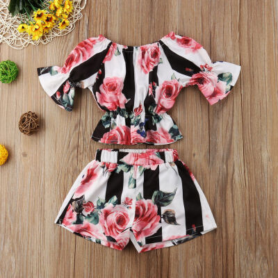 

Hot Toddler Kids Girls Stripe Floral Tunic Tops Shorts 2pcs Outfits Set Clothes