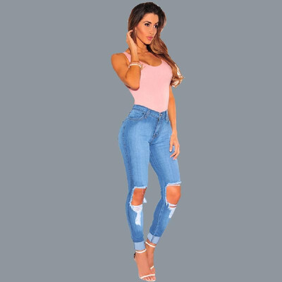 

Sexy Women High Waist Ripped Jeans Destroyed Frayed Hole Zipper Fly Skinny Denim Pants Pencil Trousers Blue