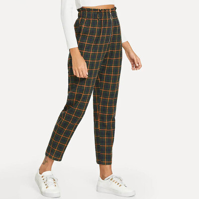 

Fashion Women High Waist Lattice Printing zipper Long Trousers Casual Pants