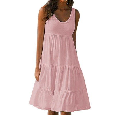 

Posed Beach Dress Sleeveless Round Collar Stitching