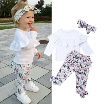 

Toddler Kids Baby Girl Ruffle TopsFloral Long PantsHeadband Outfits Clothes
