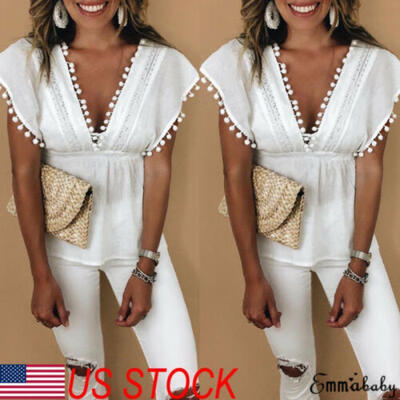 

Fashion Women Summer Loose Casual Short Sleeve Lace Up T Shirt Tops Blouse US