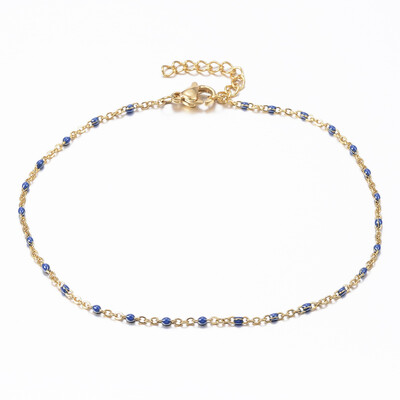 

304 Stainless Steel Cable Chain Anklets with Enamel Links Golden DarkBlue 9"23cm 152mm