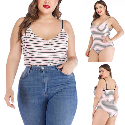 

Gobestart Womens Plus Size Sexy Bodysuit Sleeveless V-Neck Stripe Print Sling Bodysuits